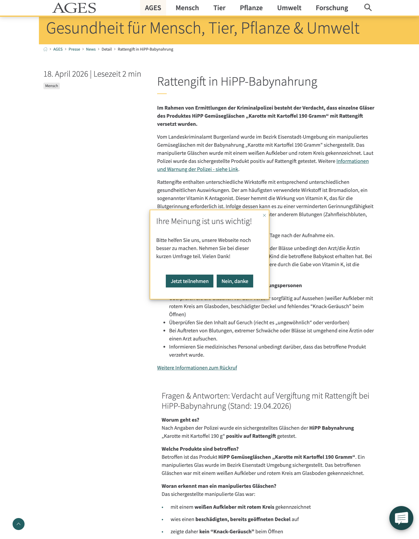 AGES press release: "Rattengift in HiPP-Babynahrung" (rat poison in HiPP baby food), April 18, 2026.