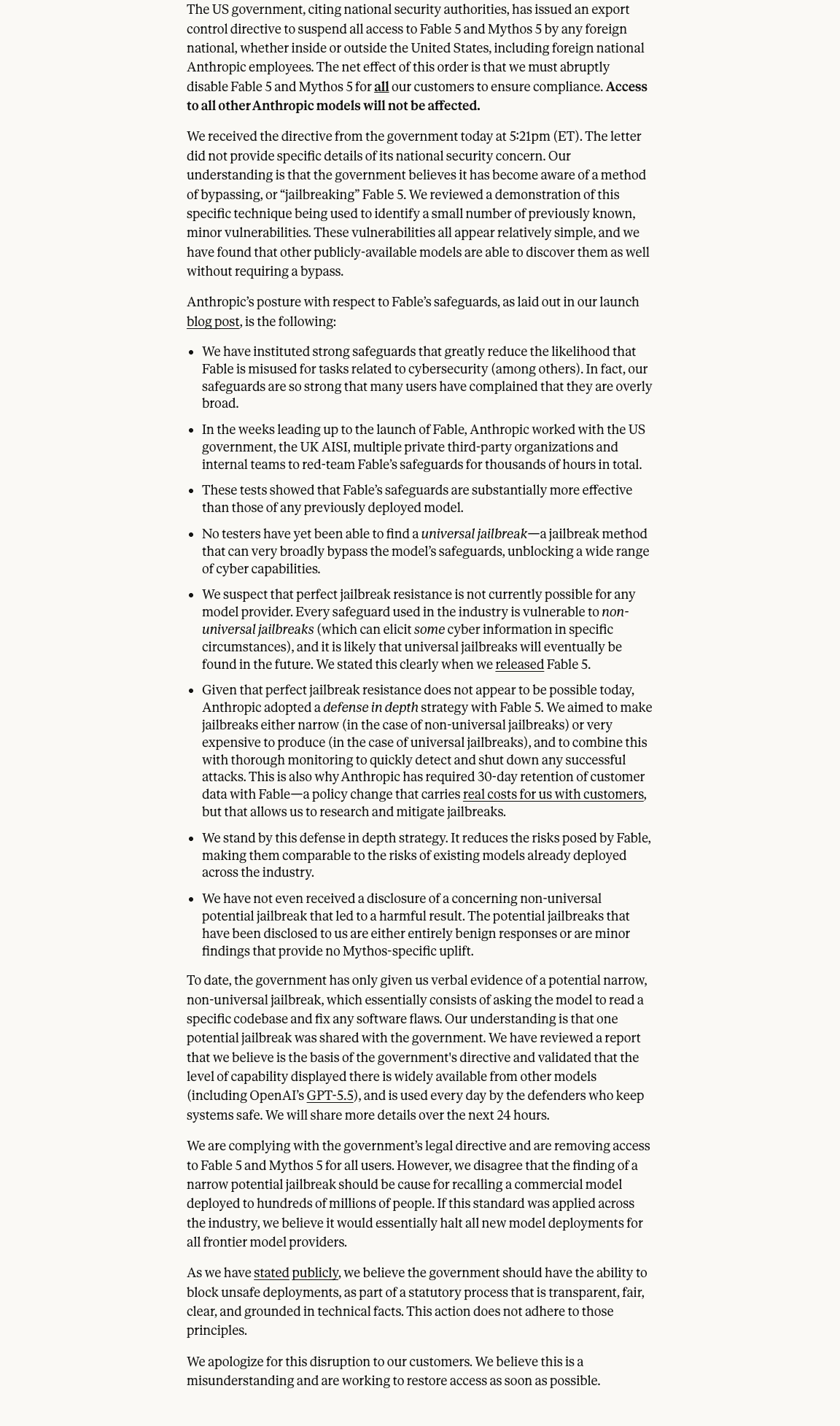 Anthropic's June 12 statement on the government directive.