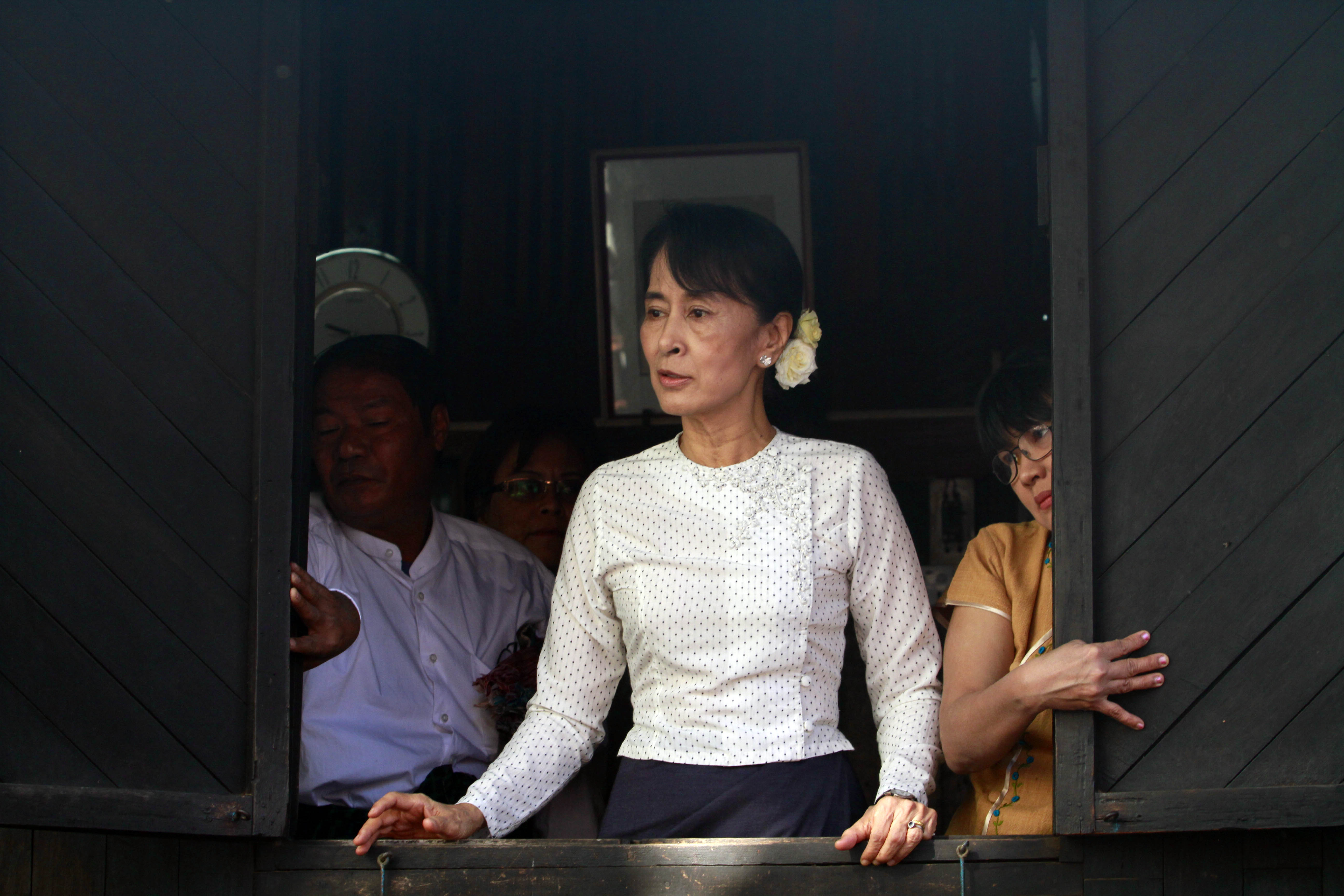 Aung San Suu Kyi addresses supporters in Yangon in 2012. Her 27-year sentence was reduced in the amnesty, but she remains imprisoned.