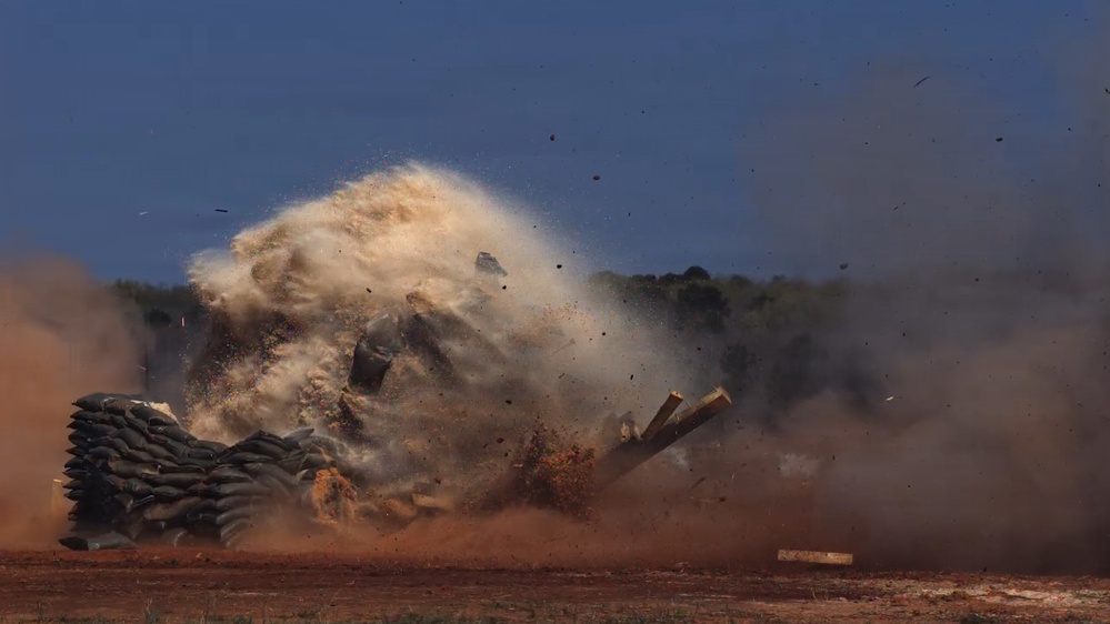 BRAKER detonates over a sandbag bunker during the March 26 test at Redstone Arsenal in Alabama.