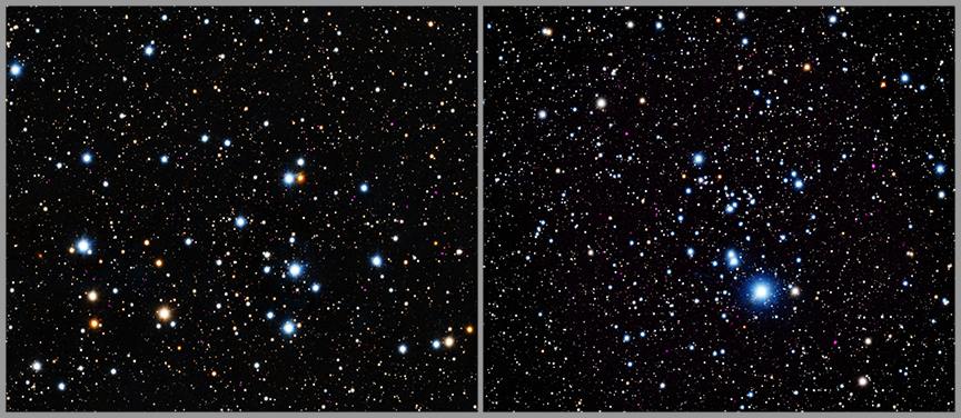 Composite X-ray and optical image of the star clusters Trumpler 3 (left) and NGC 2353 (right), two of the eight clusters in the study. X-ray data from Chandra appears as colored points against optical and infrared imaging from PanSTARRS.