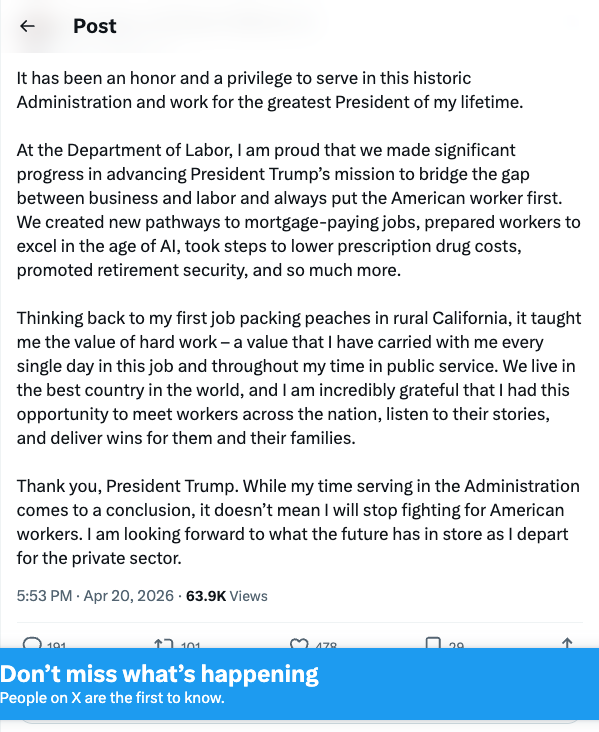 Screenshot of Chavez-DeRemer's X statement, posted 5:53 p.m. April 20, 2026.