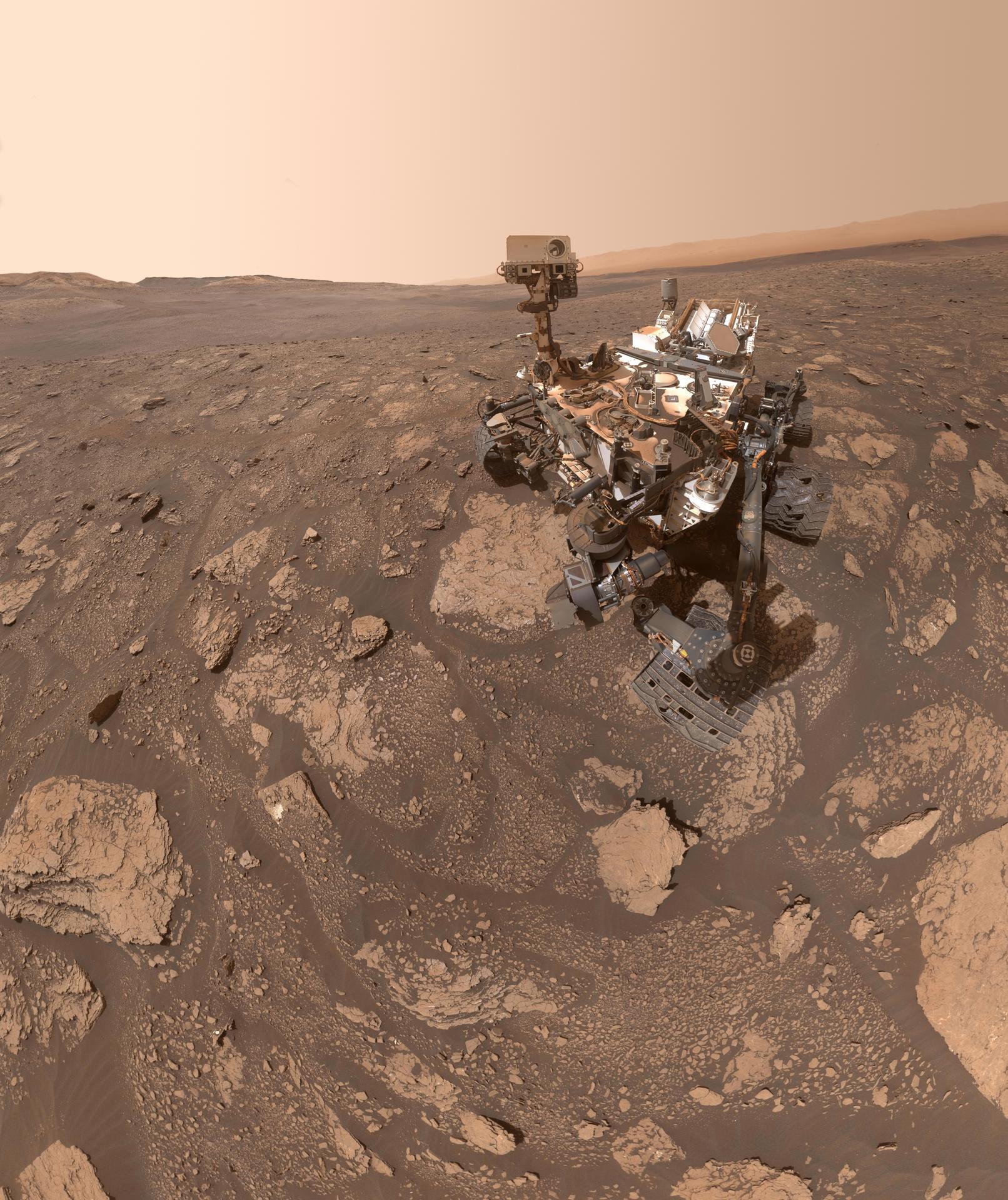 Curiosity's selfie at the Mary Anning drill site in Glen Torridon, 2020. Three drill holes — including Mary Anning 3, the sample analyzed in the TMAH experiment — are visible in the bedrock.