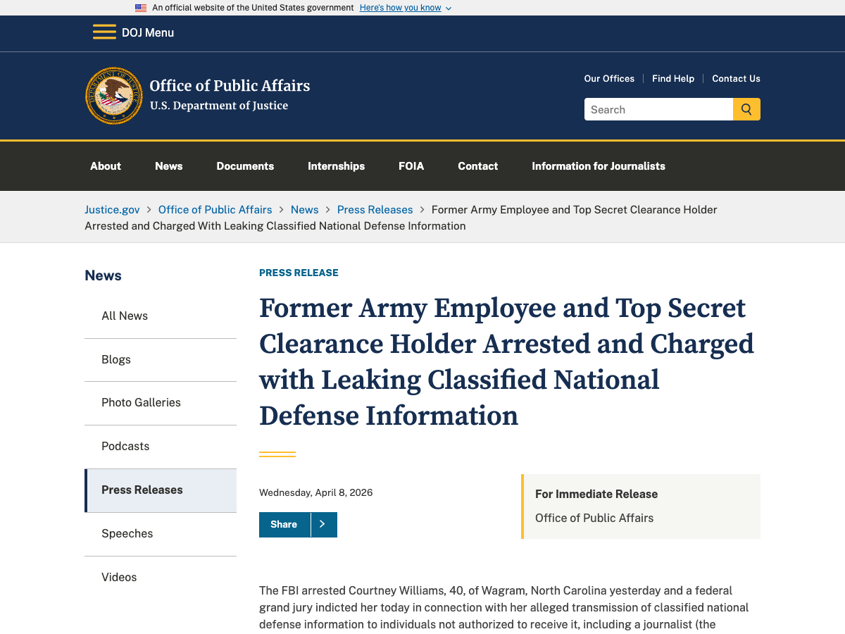 Former Delta Force Employee Charged Under Espionage Act for Leaking to Journalist Who Exposed Sexual Harassment in the Unit