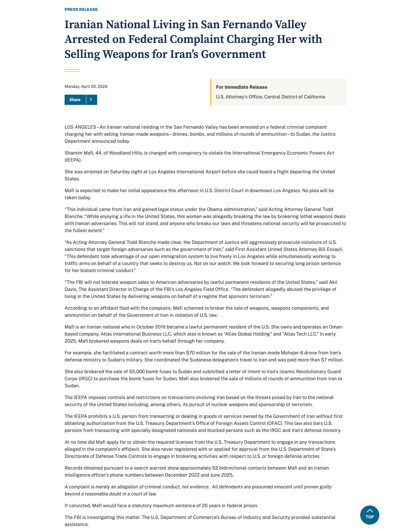 The DOJ press release, issued Monday, April 20, 2026 by the U.S. Attorney's Office for the Central District of California.