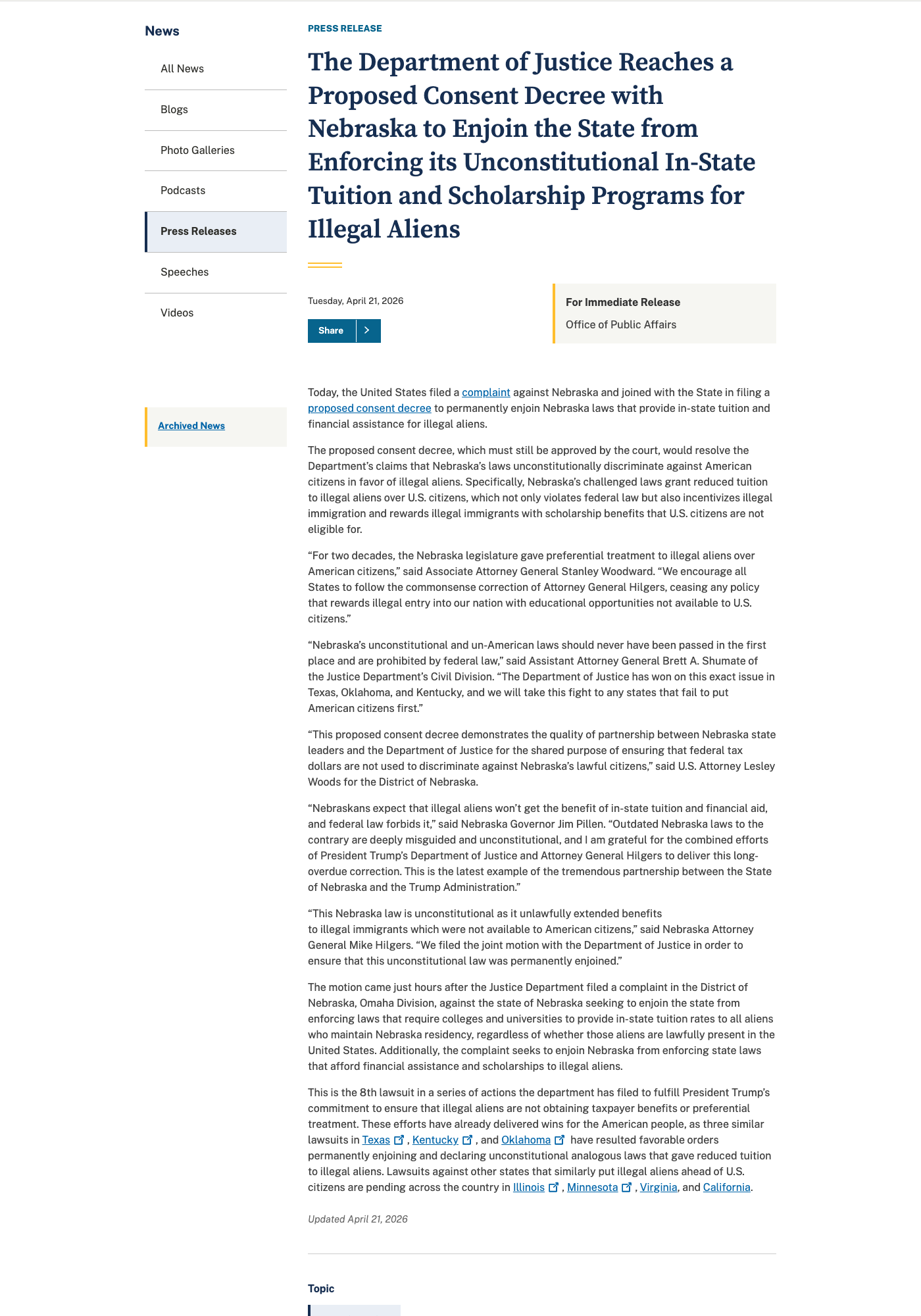 The Justice Department press release (No. 26-385) announcing the joint filing, April 21, 2026.