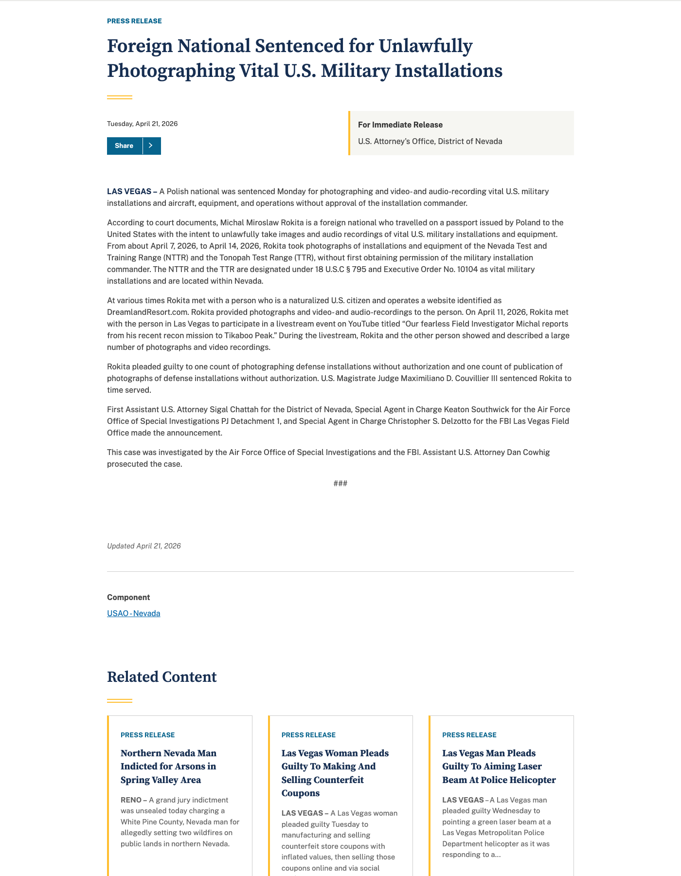 The Justice Department's April 21 press release announcing the sentencing.