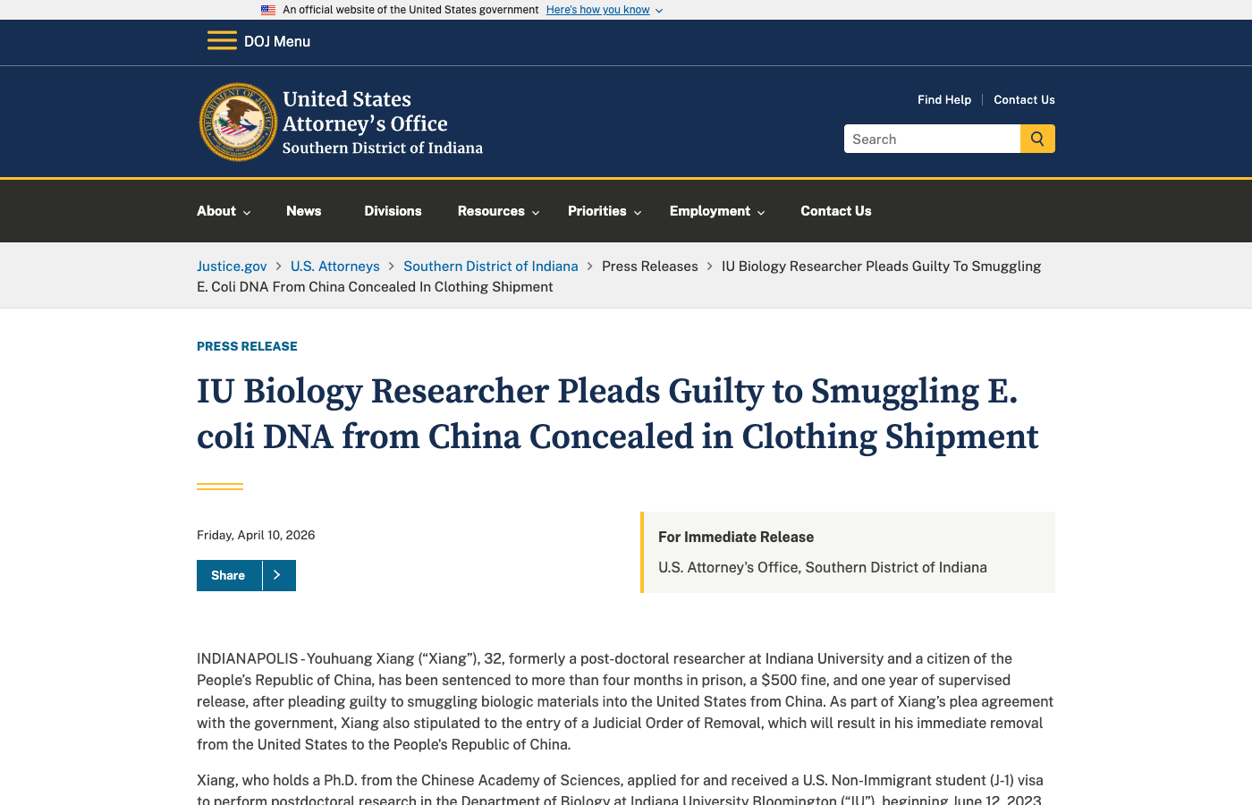 Former IU Postdoc Sentenced, Ordered Deported Over E. coli DNA Shipped From China in Box Labeled 'Women's Underwear'