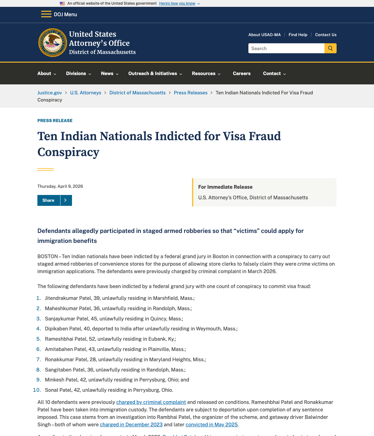 Ten Indicted in Boston Over Scheme That Staged Armed Robberies to Fake Crime-Victim U Visas