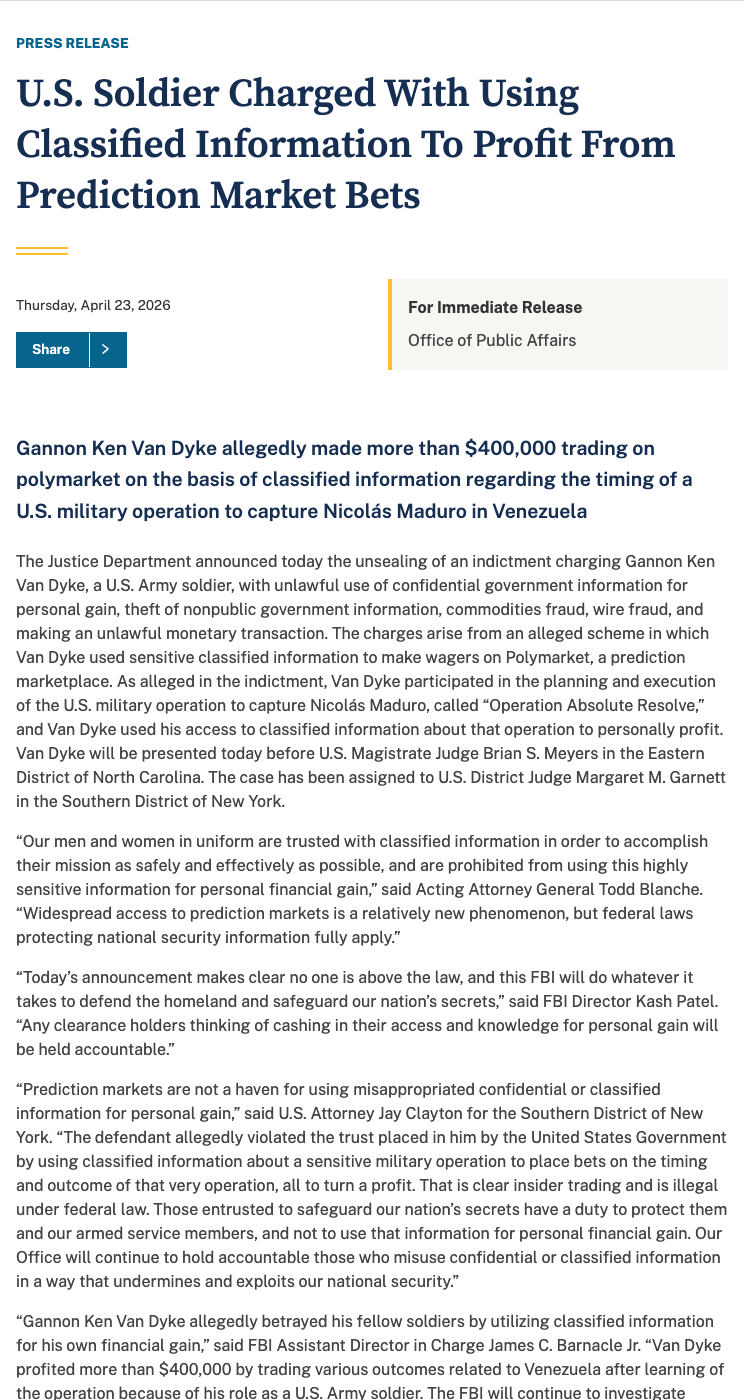DOJ Office of Public Affairs press release announcing the unsealing of the indictment against Gannon Ken Van Dyke, April 23, 2026.