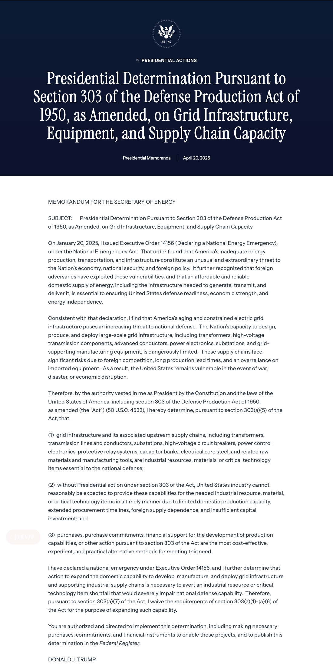 The grid-infrastructure determination, listing the specific equipment covered.