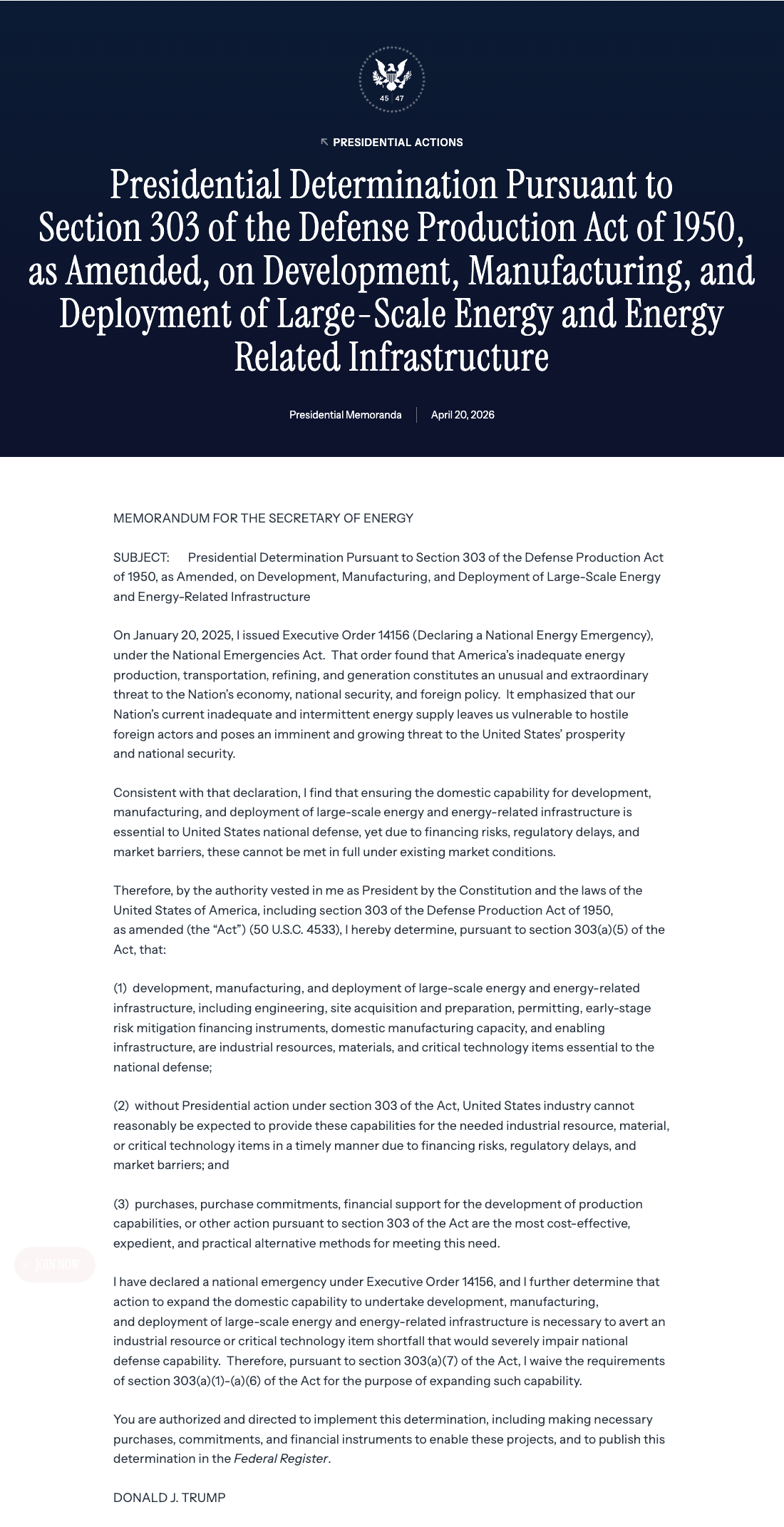 The overarching April 20 determination on large-scale energy infrastructure.