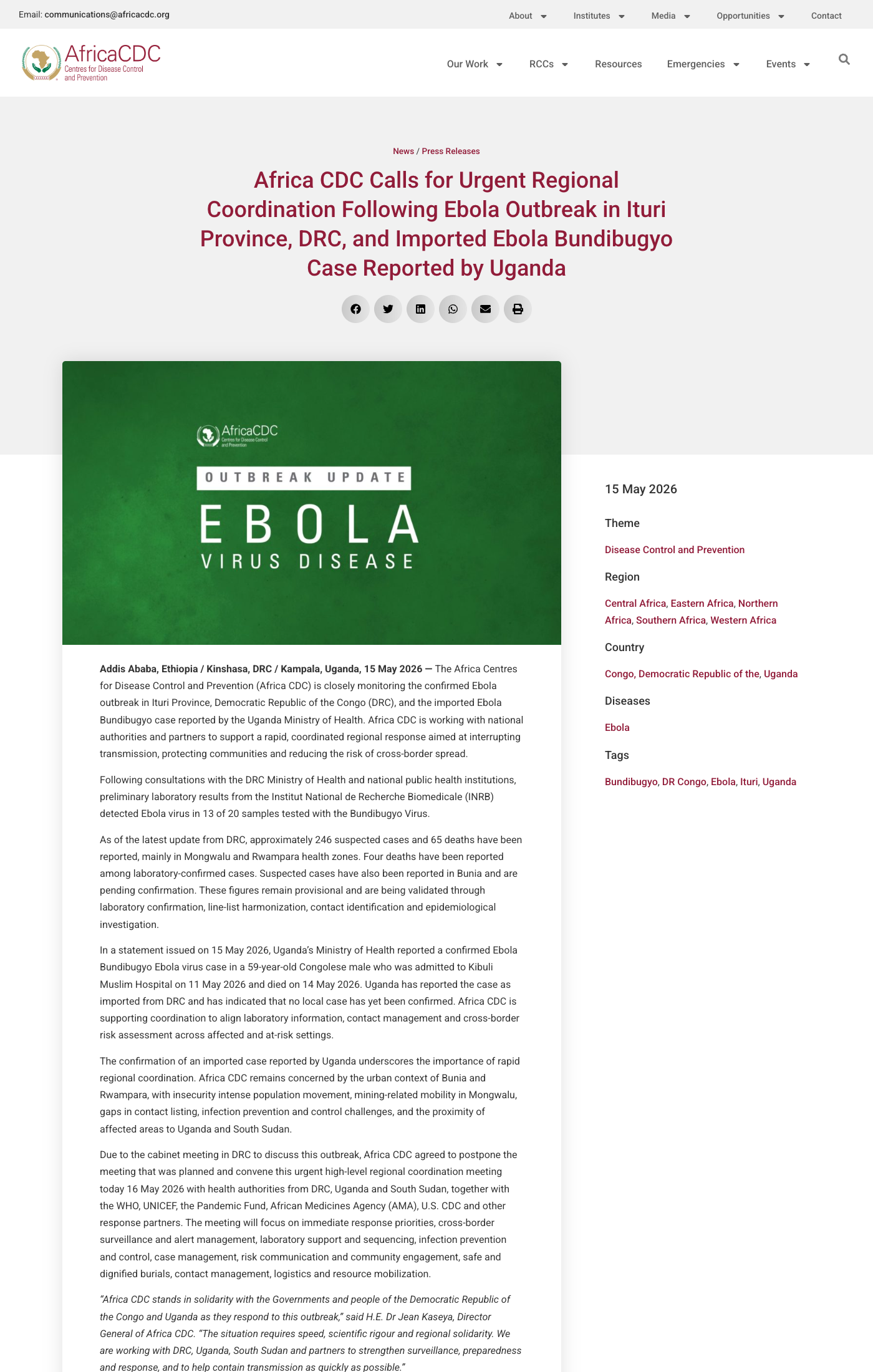 Africa CDC outbreak update, May 15, 2026.