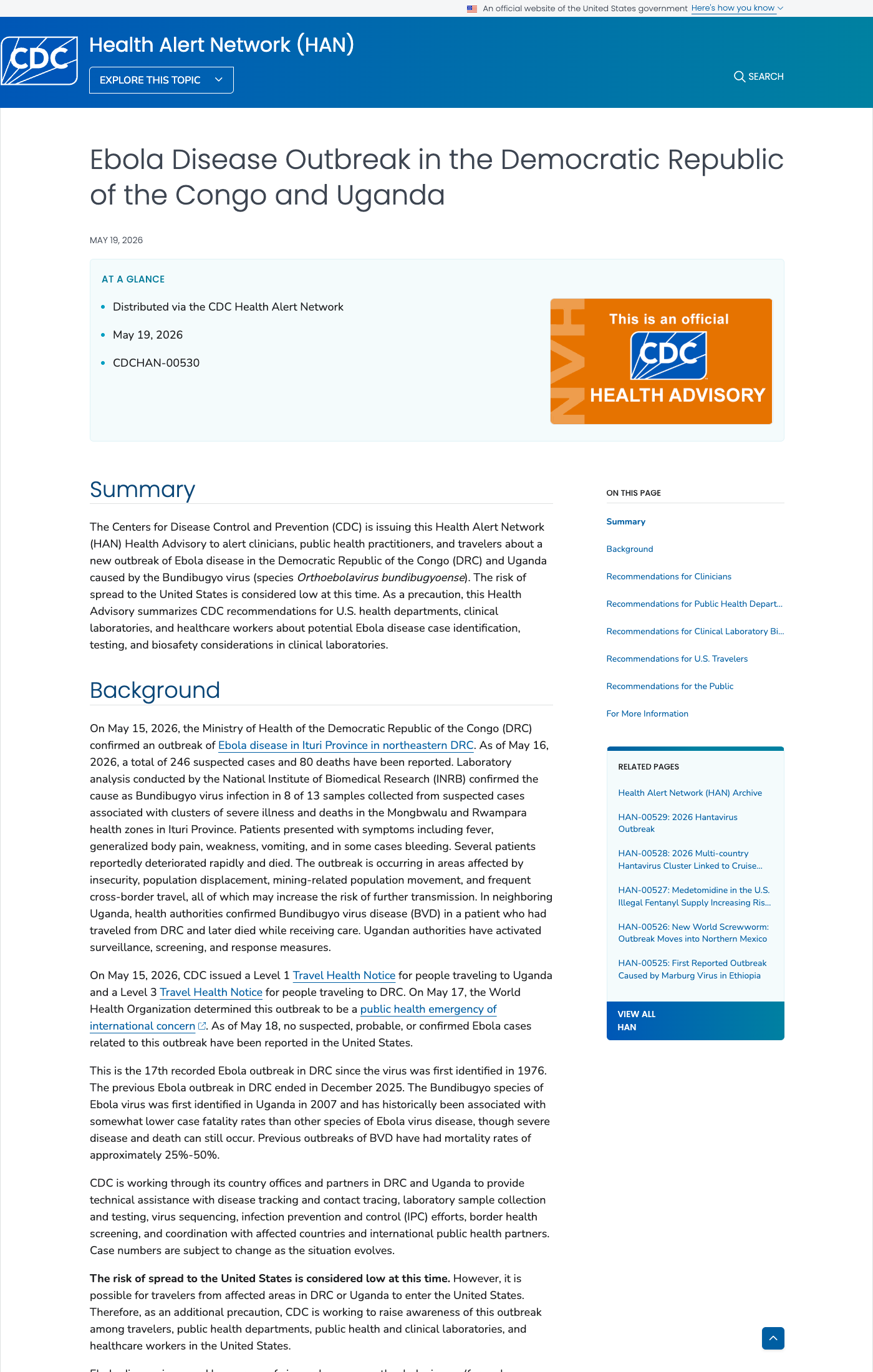 CDC HAN advisory CDCHAN-00530, May 18, 2026.