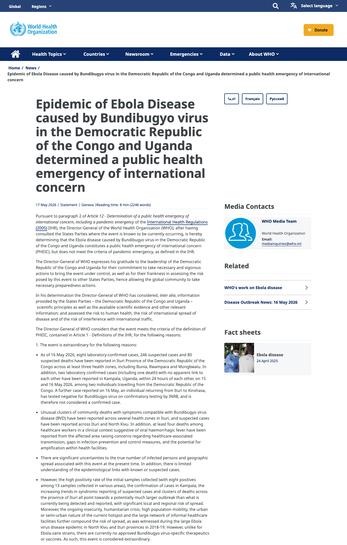 WHO Director-General determines Bundibugyo Ebola outbreak a Public Health Emergency of International Concern, May 17, 2026.