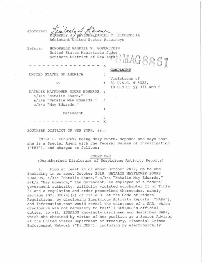 First page of the criminal complaint against Natalie Edwards, filed October 2018 in the Southern District of New York