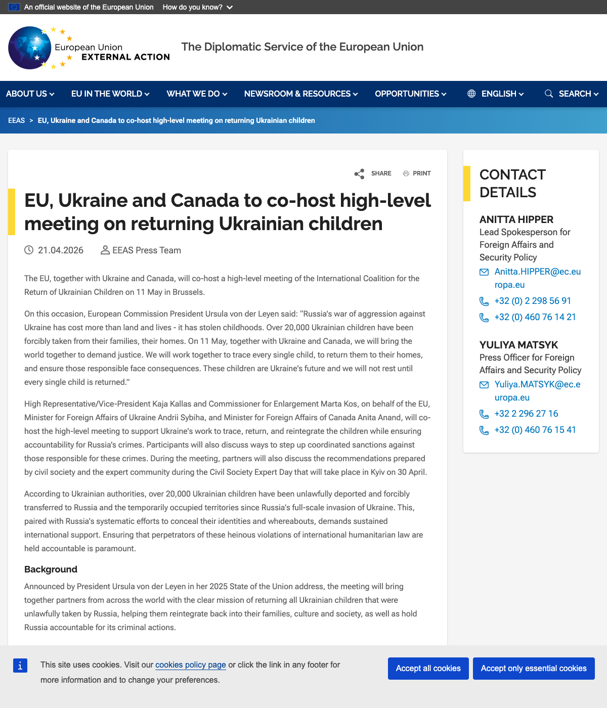 The EEAS announcement, published April 21, 2026.