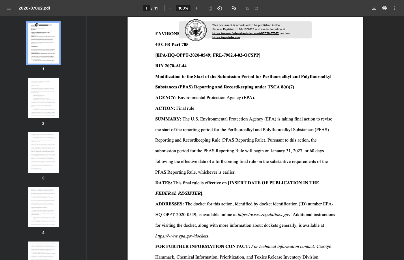 EPA Pushes the PFAS TSCA 8(a)(7) Reporting Start From April 13 to January 31, 2027 — Third Delay to the Rule
