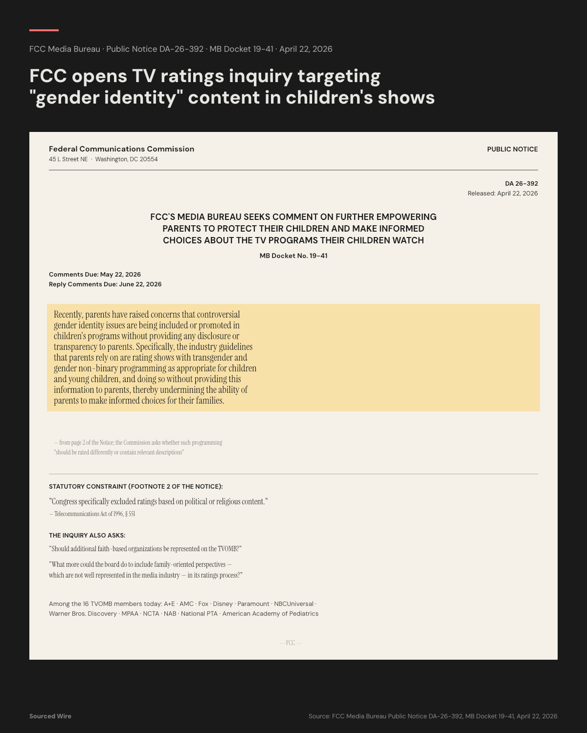 FCC Public Notice DA-26-392, with the gender-identity passage highlighted