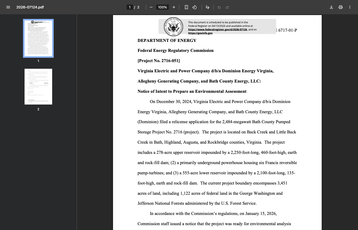 FERC Fast-Tracks Bath County's Relicense: 2,484 MW of Pumped Storage Up for a No-Significant-Impact Environmental Assessment