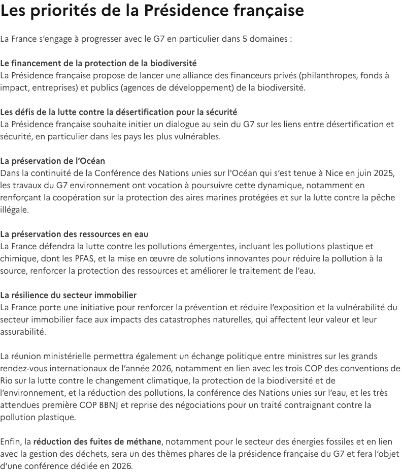 The French ministry's official page lists five G7 Environment priorities for 2026; climate change is not one of them.