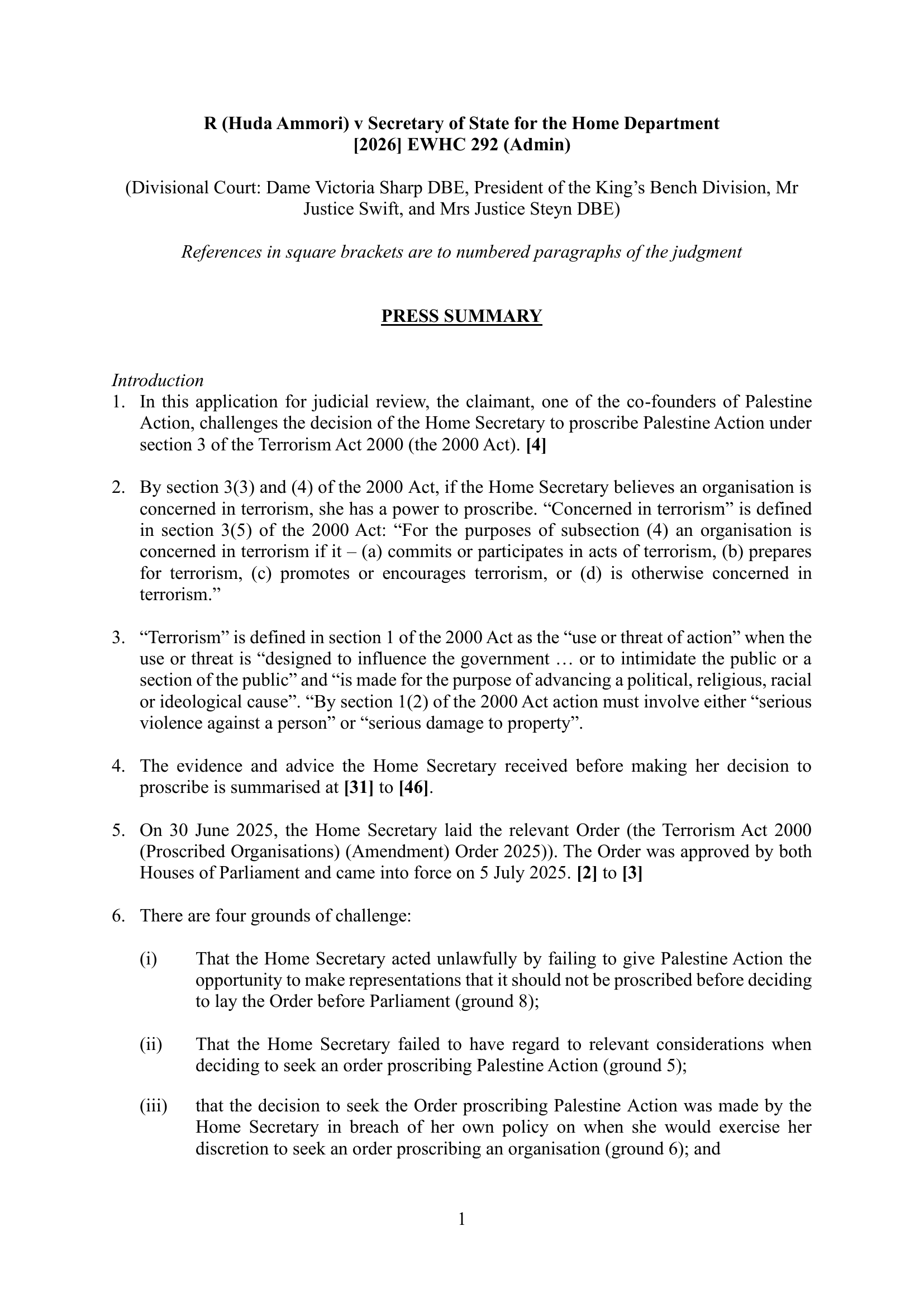 Press summary of R (Huda Ammori) v Secretary of State for the Home Department, the High Court judgment that found the Palestine Action ban unlawful