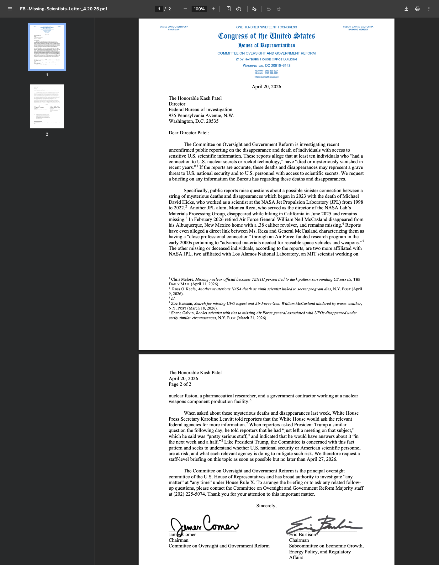 House Oversight letter from Chairmen Comer and Burlison to FBI Director Kash Patel, April 20, 2026.
