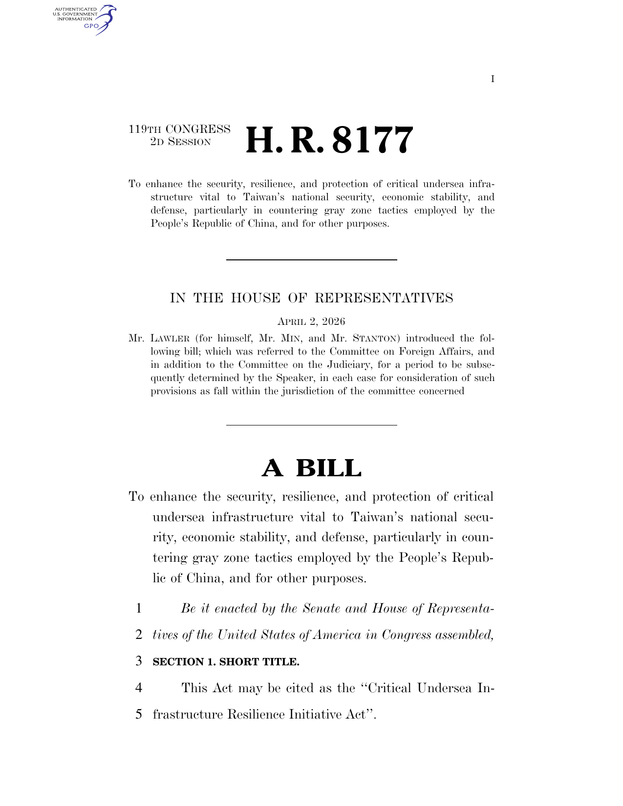 Bipartisan House bill would create a Taiwan undersea cable protection initiative, authorize $120M and new sanctions against saboteurs
