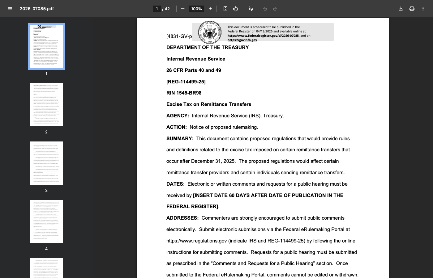 IRS Issues Proposed Rules for the OBBBA's 1% Remittance Transfer Tax — Cash, Money Orders, and Traveler's Checks Only; No Safe Harbor for Small Providers
