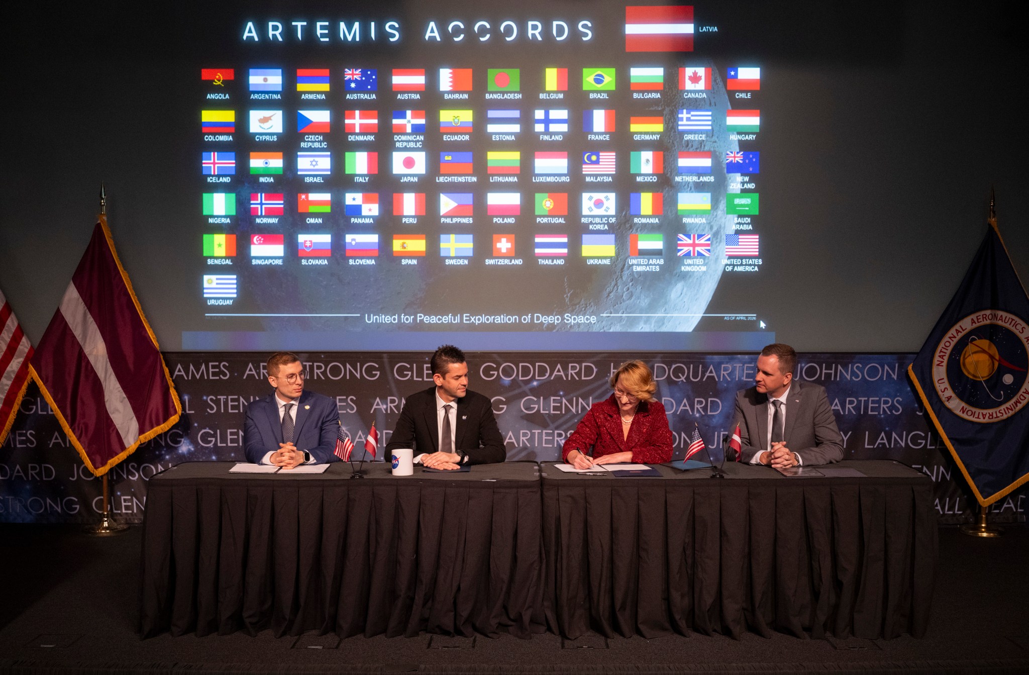Latvia's Minister for Education and Science Dace Melbarde signs the Artemis Accords at NASA Headquarters on April 20, 2026.