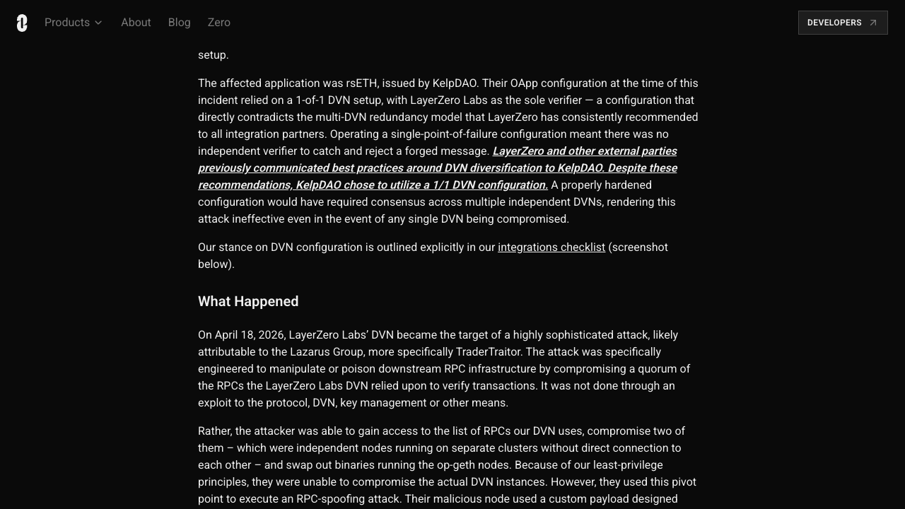 LayerZero's statement flags KelpDAO's 1-of-1 DVN configuration and attributes the attack to Lazarus Group / TraderTraitor.
