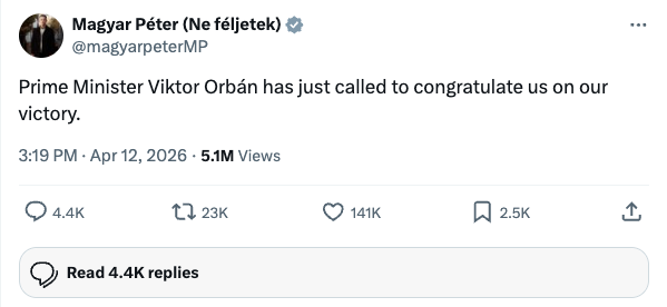 Magyar's post on X confirming Orbán called to concede