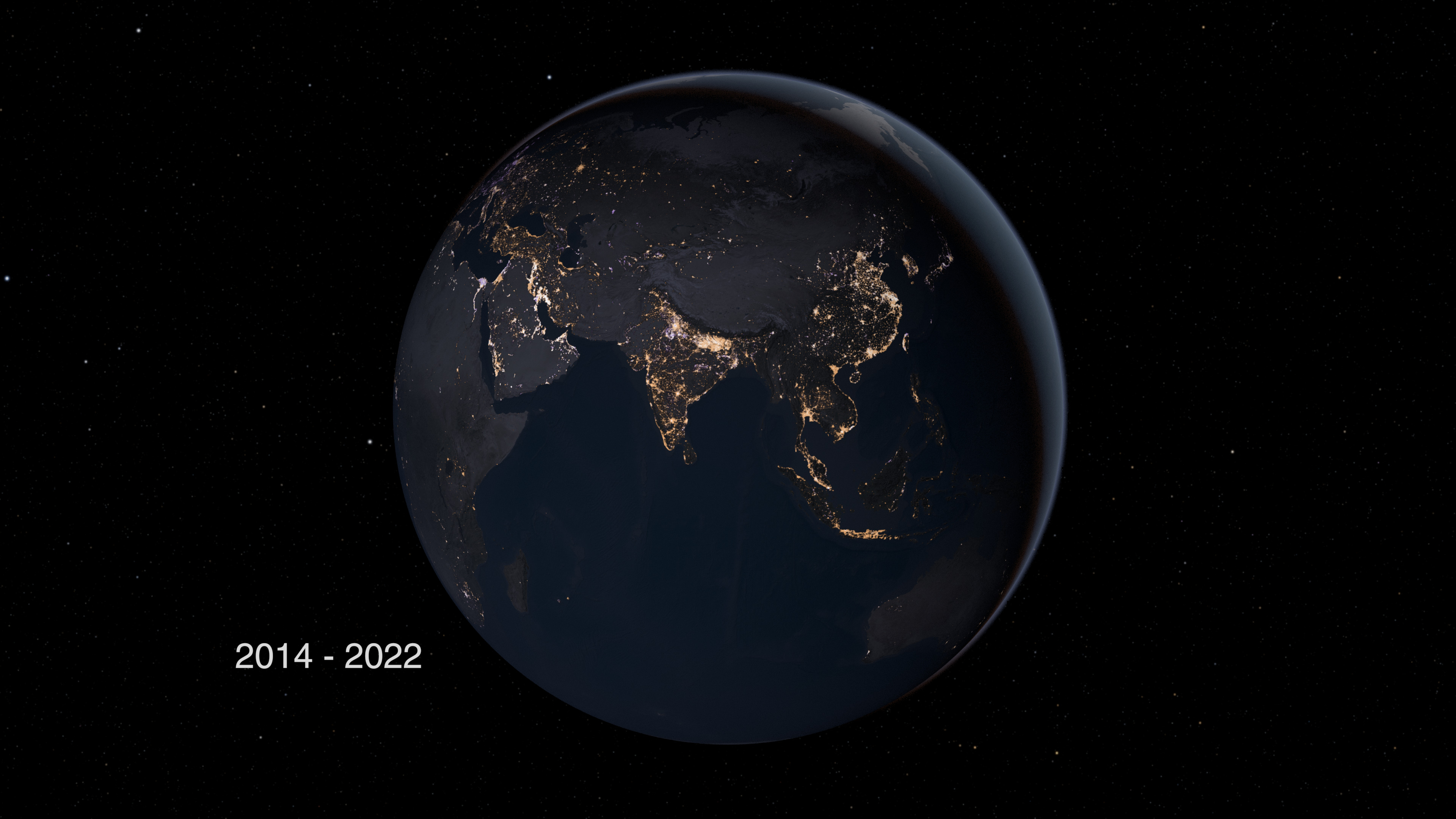 NASA visualization showing cumulative nighttime light changes from space, 2014-2022
