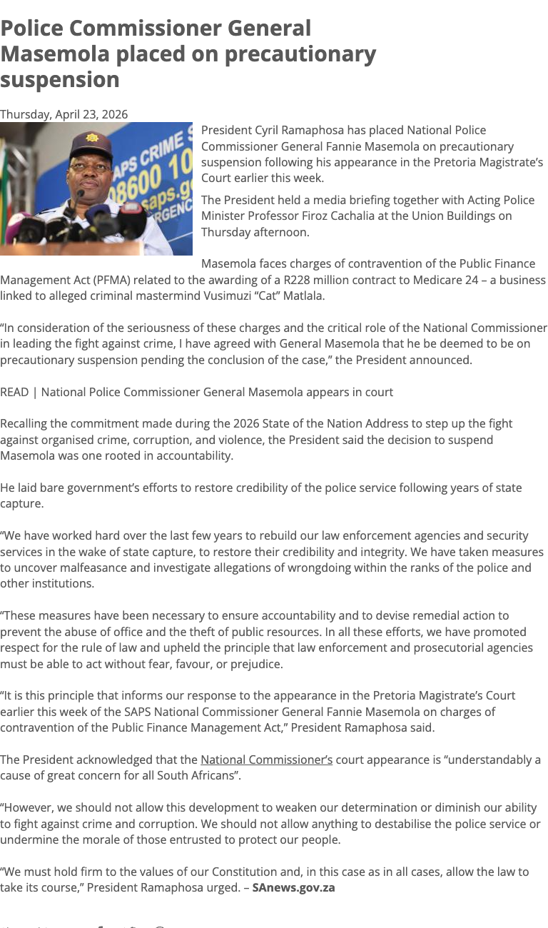 SAnews.gov.za release announcing the precautionary suspension, issued Thursday April 23, 2026. Photo shows President Ramaphosa at the Union Buildings media briefing.