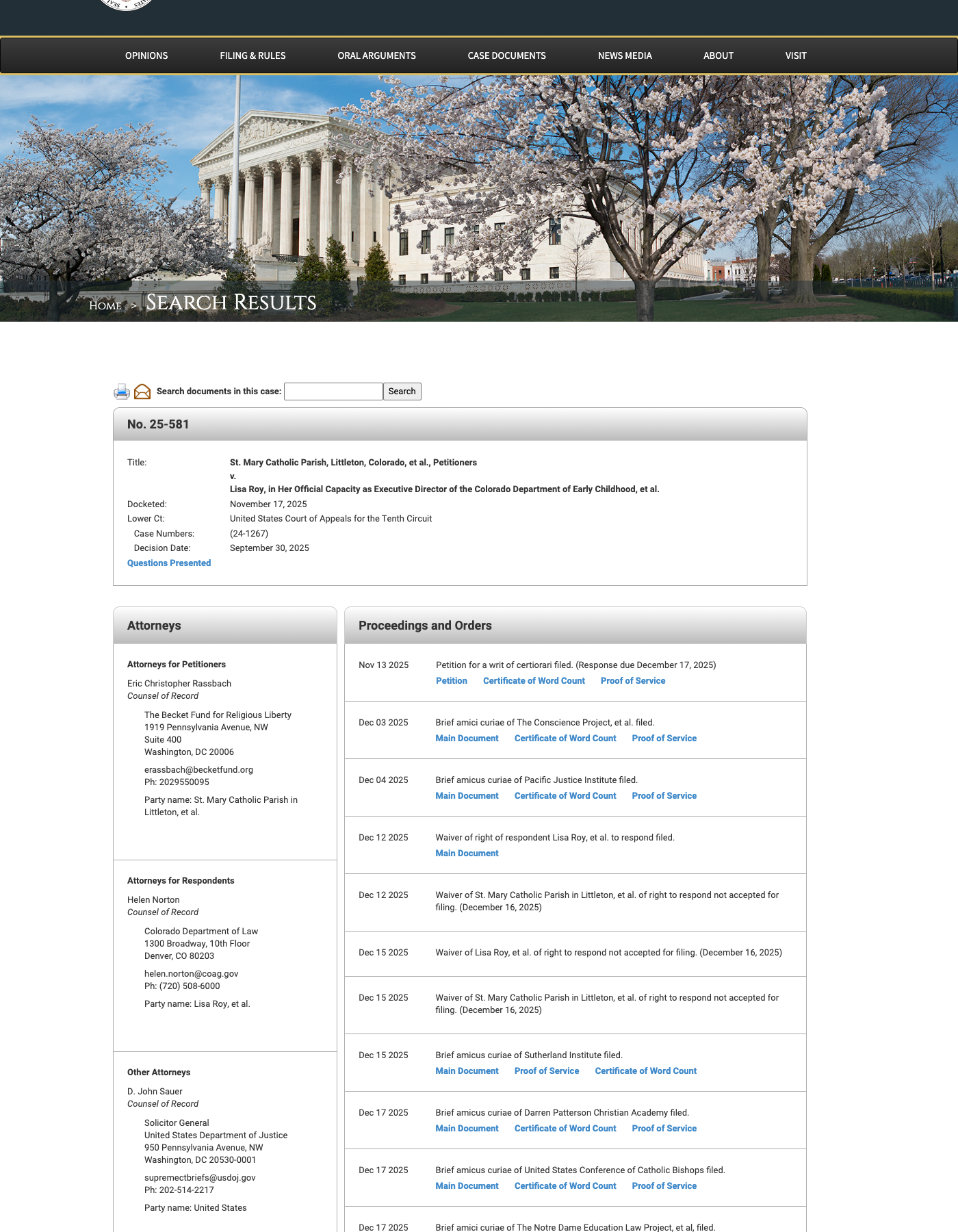 The Supreme Court's public docket for No. 25-581, St. Mary Catholic Parish v. Roy.