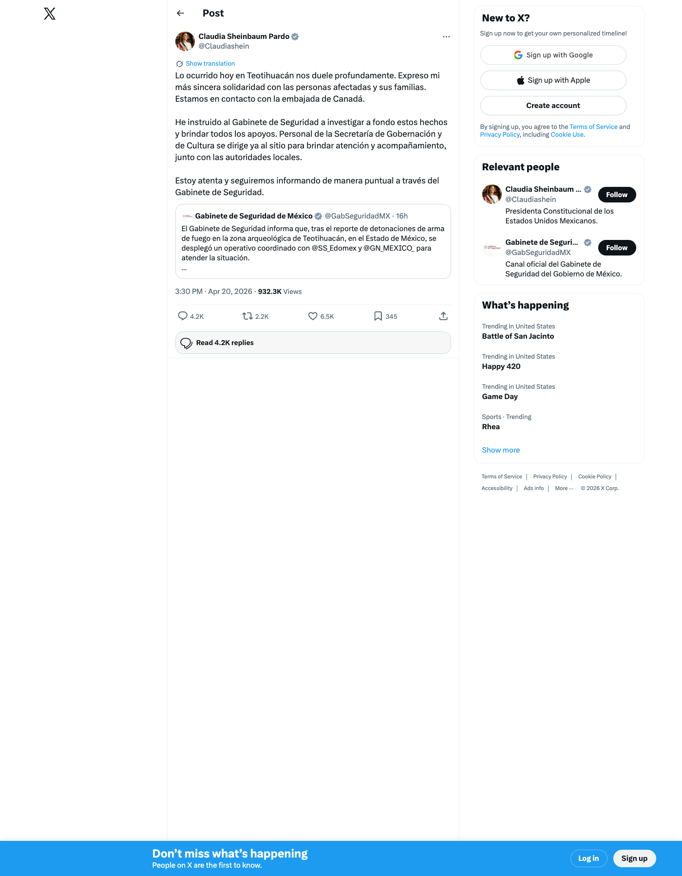 President Claudia Sheinbaum's statement on X responding to the Teotihuacán shooting, April 20, 2026.