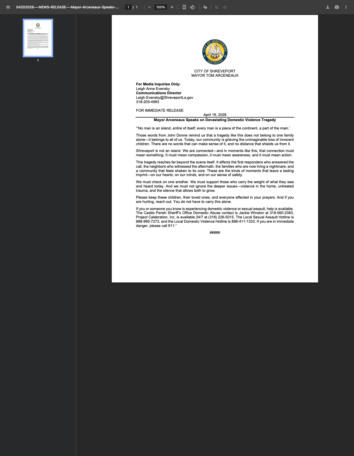 Screenshot of the City of Shreveport's April 19, 2026 news release from Mayor Tom Arceneaux on the Cedar Grove mass shooting.