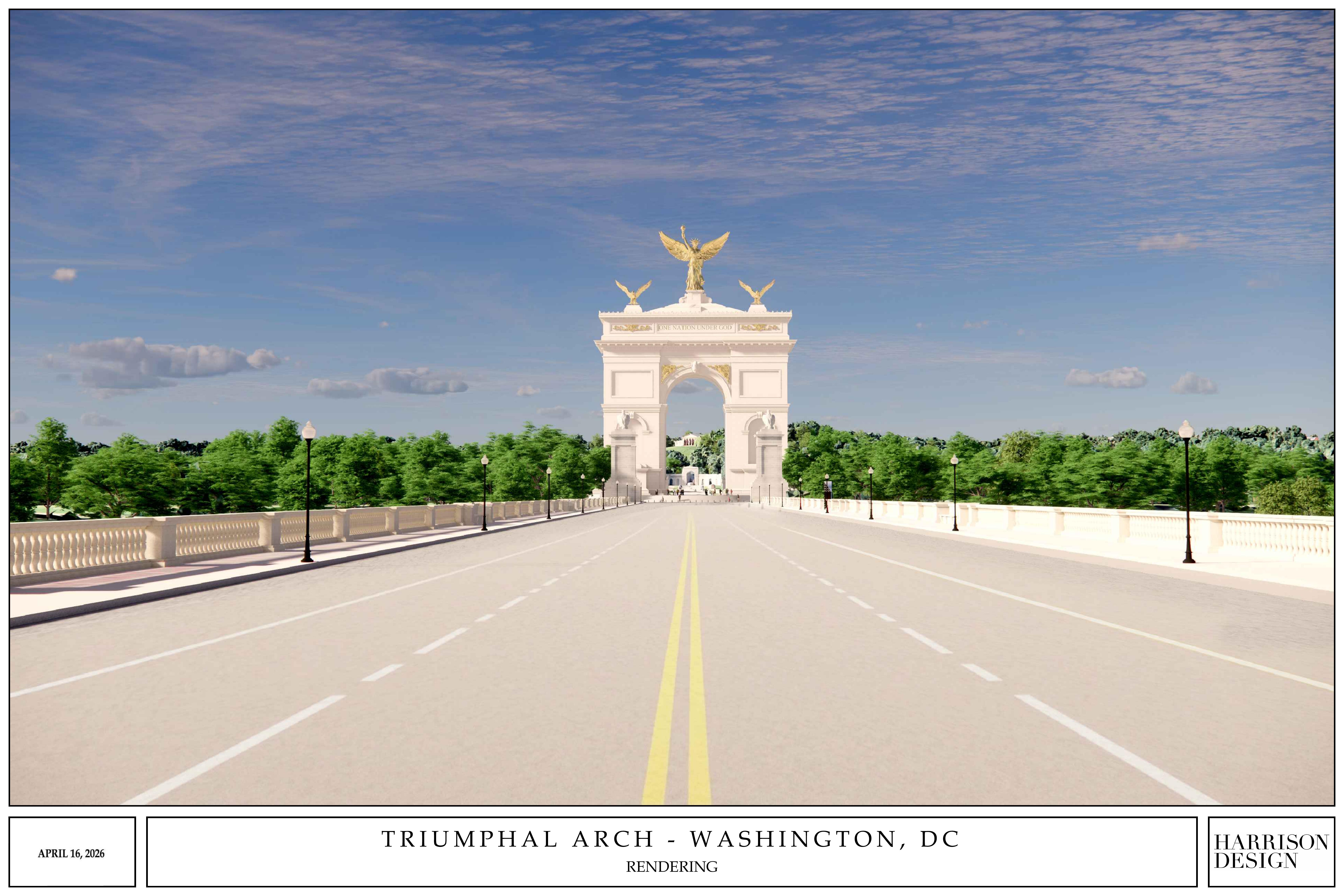 Rendering from the Memorial Bridge approach, showing the arch as it would appear from the Lincoln Memorial side of the Potomac