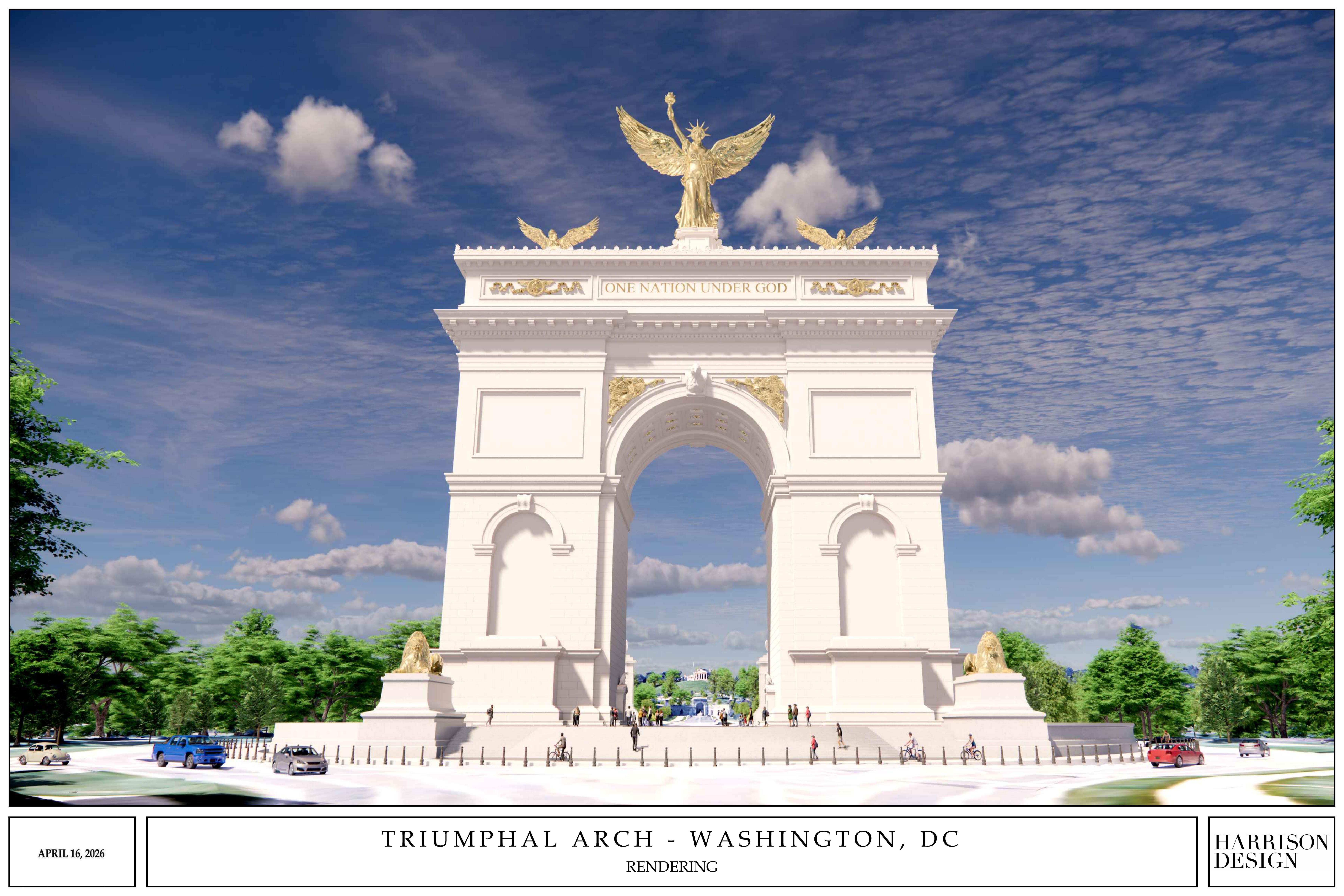 Ground-level rendering showing the arch's scale against pedestrians and vehicles at the base