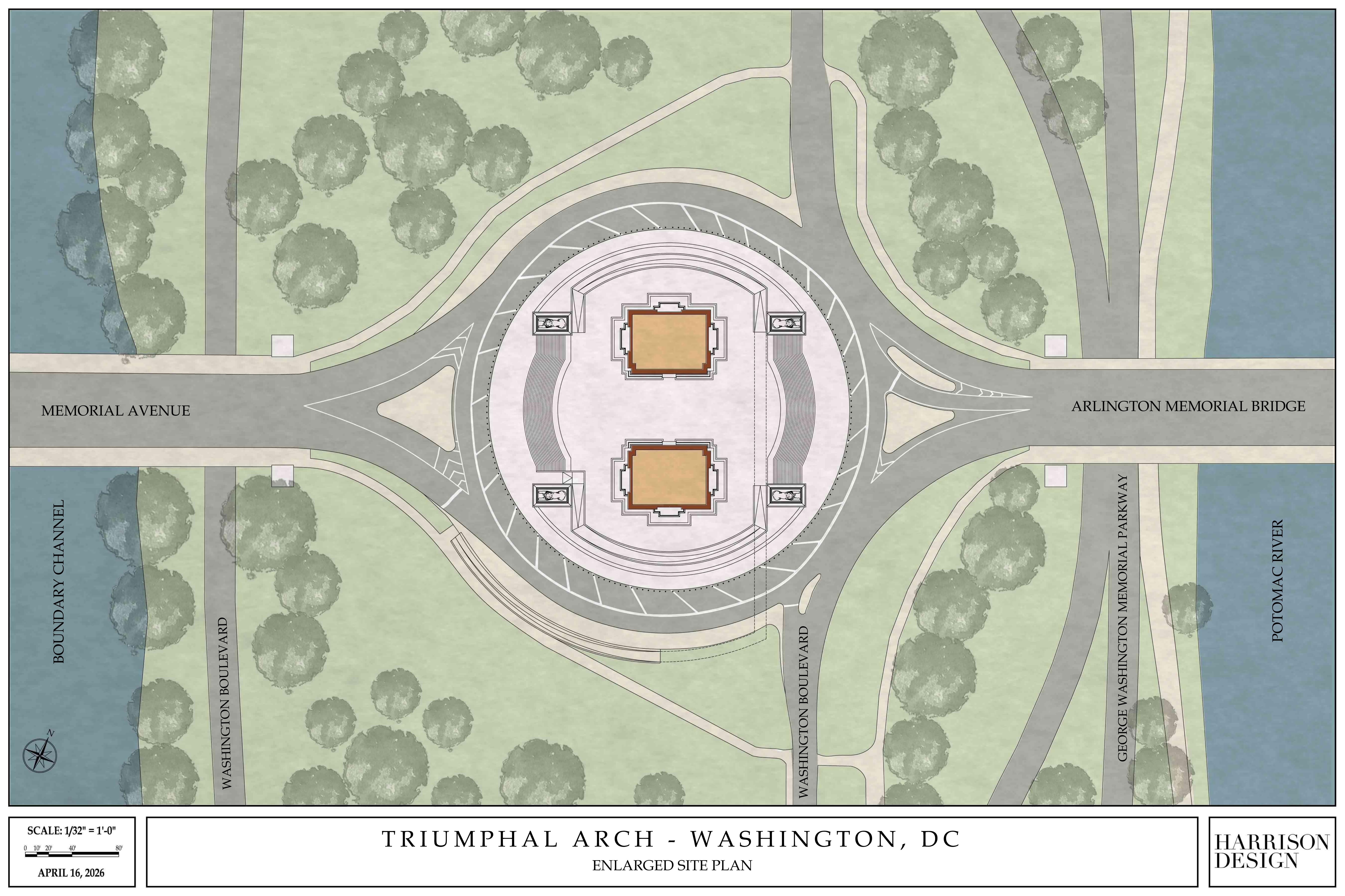 Enlarged site plan showing the arch footprint at Memorial Circle, where Memorial Avenue, Washington Boulevard and the GW Memorial Parkway converge
