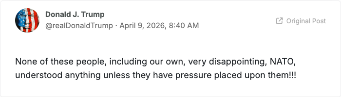 Trump's follow-up post calling NATO 'very disappointing'