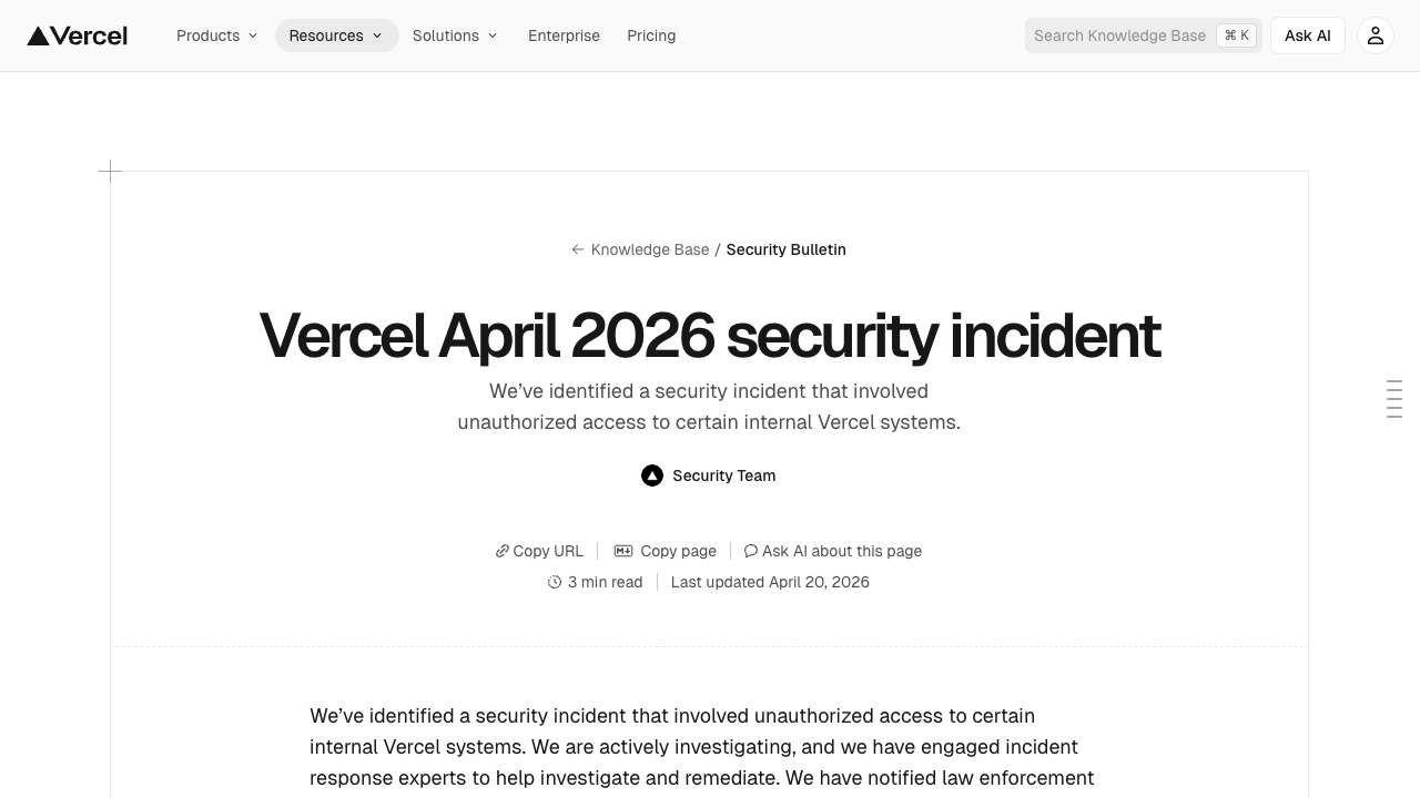 Vercel's April 2026 security incident knowledge base page