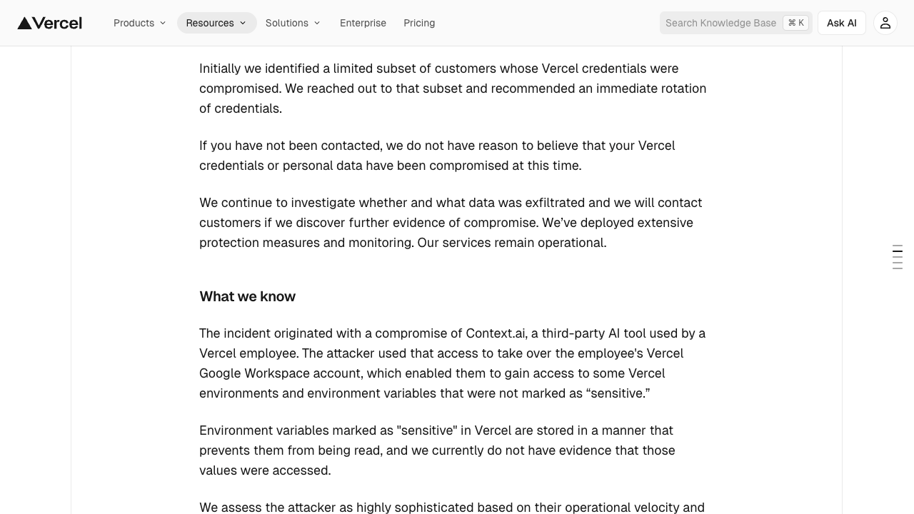 Vercel's "What we know" section describing the Context.ai compromise chain