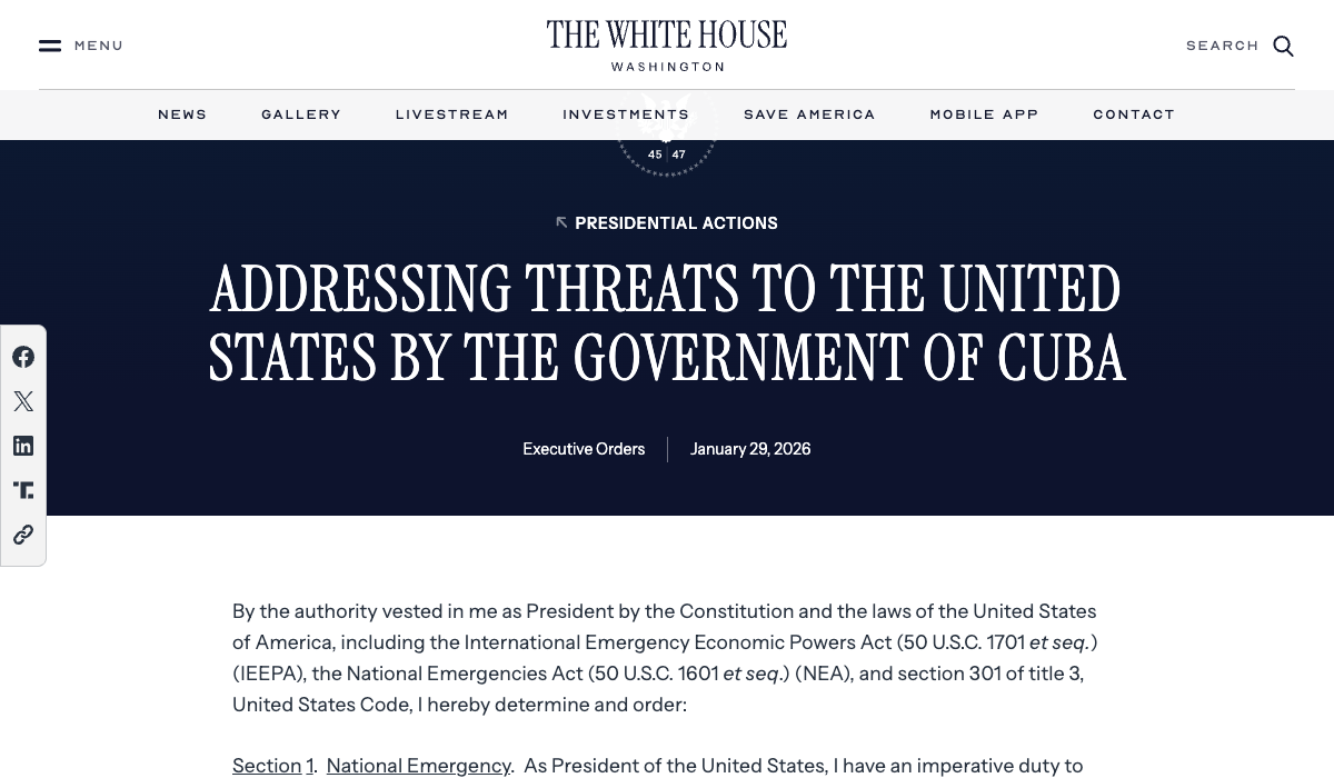 The White House executive order declaring Cuba an "unusual and extraordinary threat" to U.S. national security, signed January 29, 2026.