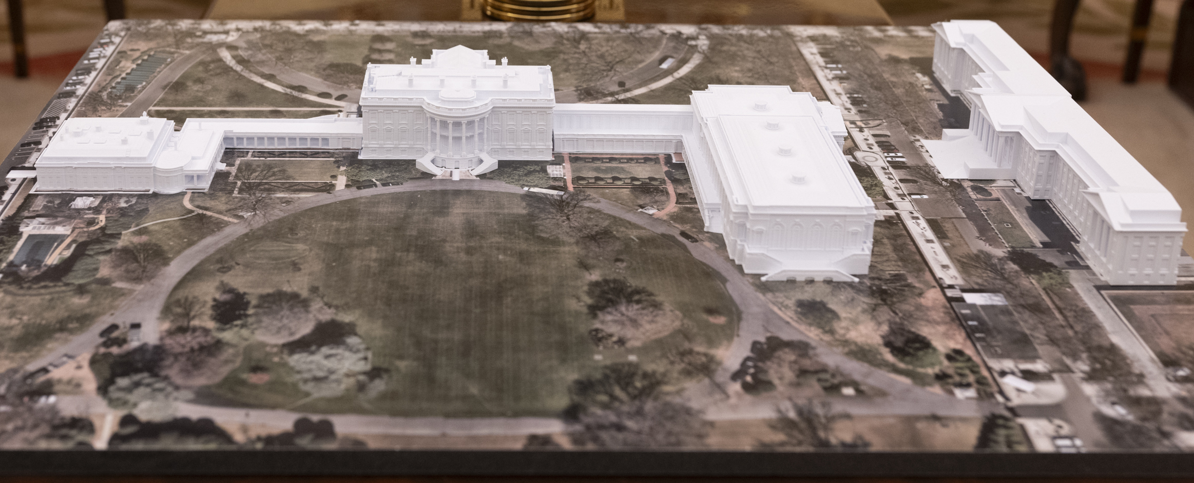 Architectural model of the White House complex showing the proposed ballroom addition on the east side