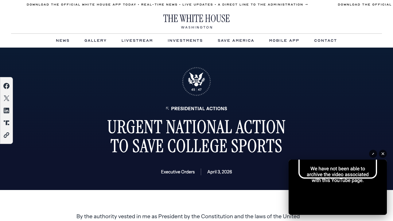 Trump's April 3 College Sports Executive Order Uses Federal Contractor Leverage to Force NCAA Rule Changes by August 1