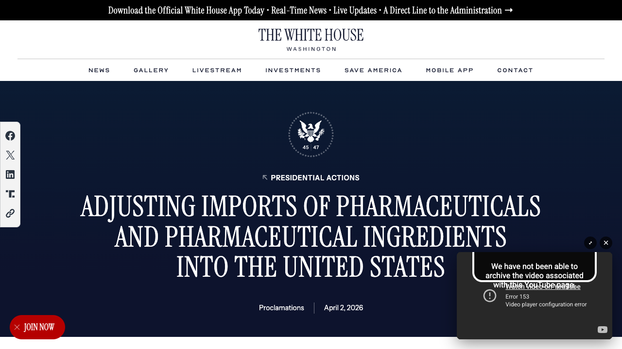 Trump Signs Section 232 Proclamation Imposing 100% Tariff on Patented Pharmaceutical Imports — With Carve-Outs Down to Zero for Companies Accepting MFN Pricing