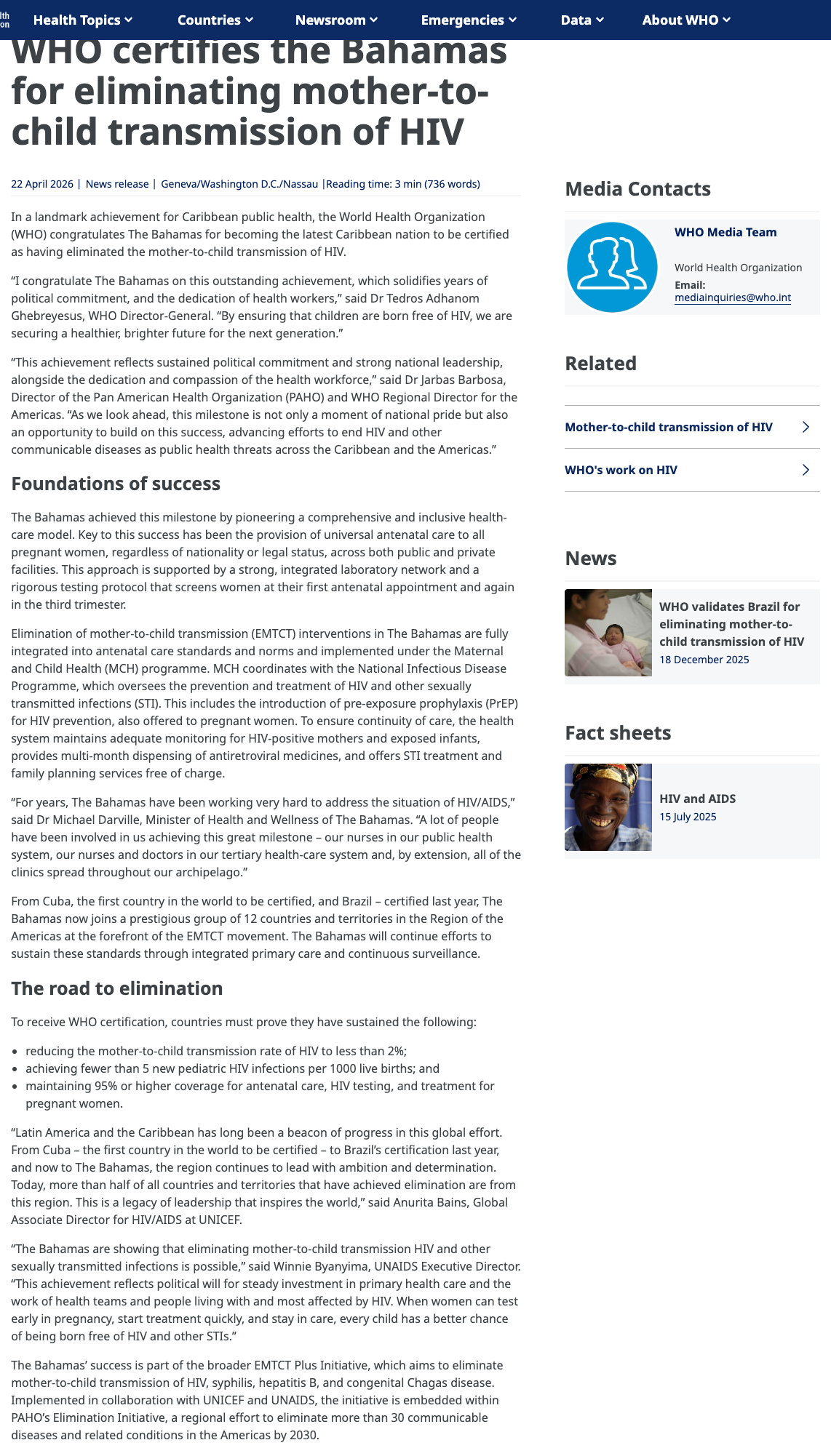 WHO press release certifying the Bahamas for eliminating mother-to-child transmission of HIV, April 22, 2026