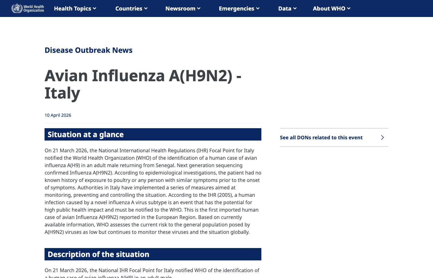 Europe Records Its First Imported Human Case of Avian Influenza A(H9N2) in an Italian Traveler Returning From Senegal